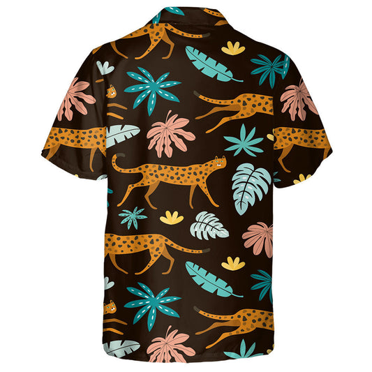 Leopards And Tropical Leaves On Black Background Hawaiian Shirt, Hawaiian Shirt Gift, Christmas Gift