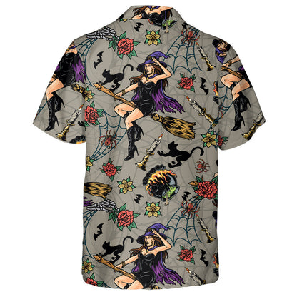 Oíche Shamhna Le Cailleach Álainn Eitilte Agus Cat Dubh Léine Haváís, Bronntanas Léine Haváíais, Bronntanas Nollag