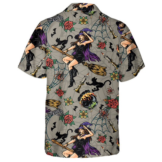 Oíche Shamhna Le Cailleach Álainn Eitilte Agus Cat Dubh Léine Haváís, Bronntanas Léine Haváíais, Bronntanas Nollag