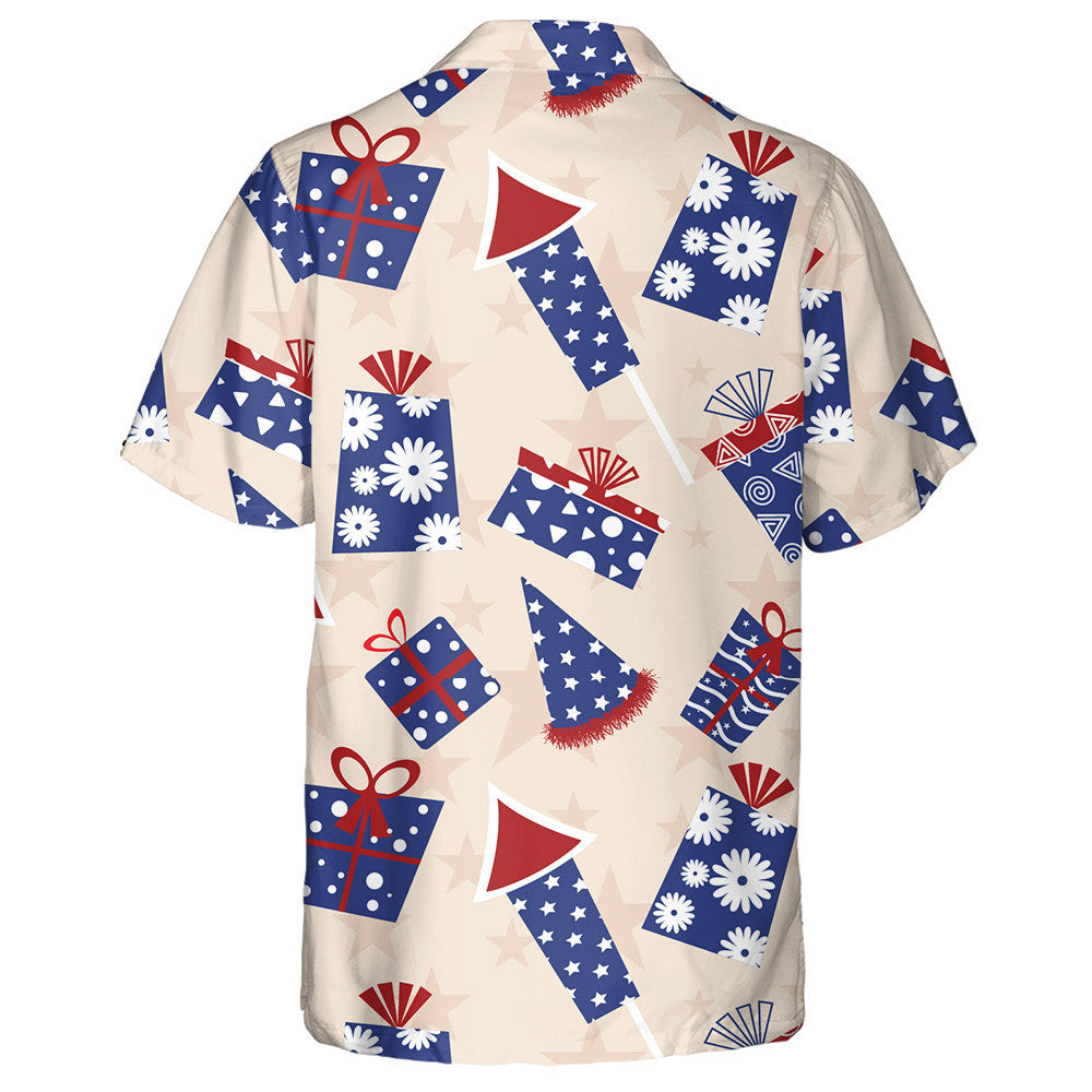 Surprised Gift Boxes And Fireworks On Beige Background Hawaiian Shirt, Hawaiian Shirt Gift, Christmas Gift