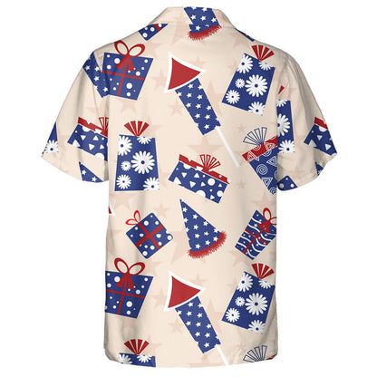 Surprised Gift Boxes And Fireworks On Beige Background Hawaiian Shirt, Hawaiian Shirt Gift, Christmas Gift