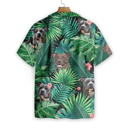 Leaf And Pitbull Tropical Background Design Hawaiian Shirt, Hawaiian For Gift