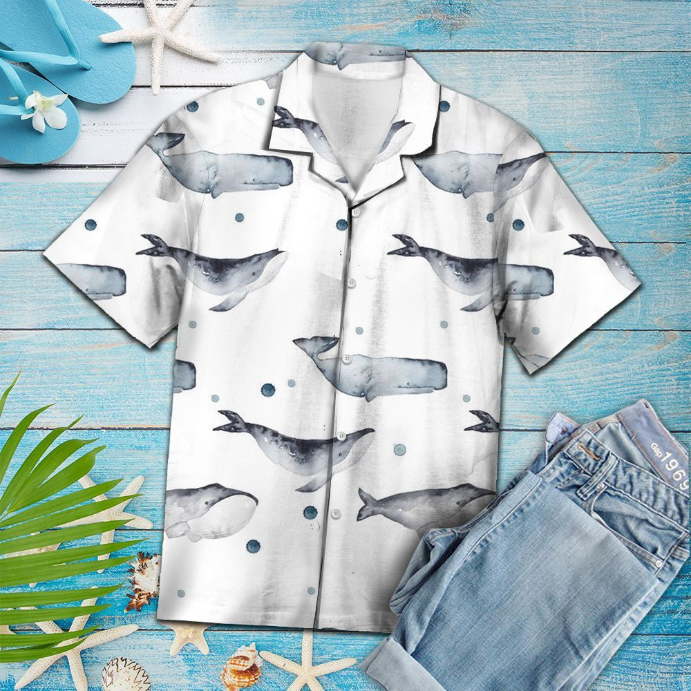 Watercolor Whale In White Design Hawaiian Shirt, Hwaiian For Gift