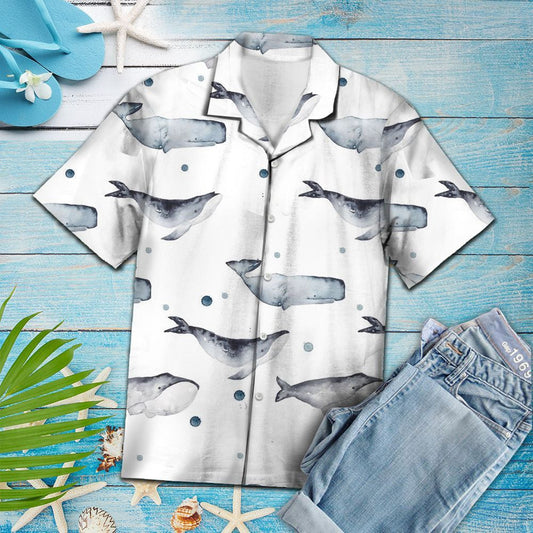 Watercolor Whale In White Design Hawaiian Shirt, Hwaiian For Gift