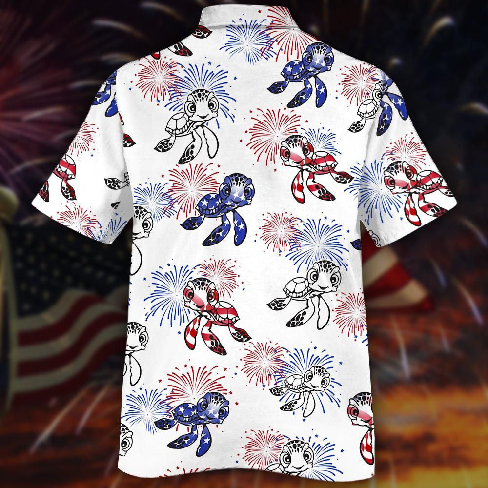 Turtles And Fireworks White Theme Hawaiian Shirt, Hawaiian For Gift