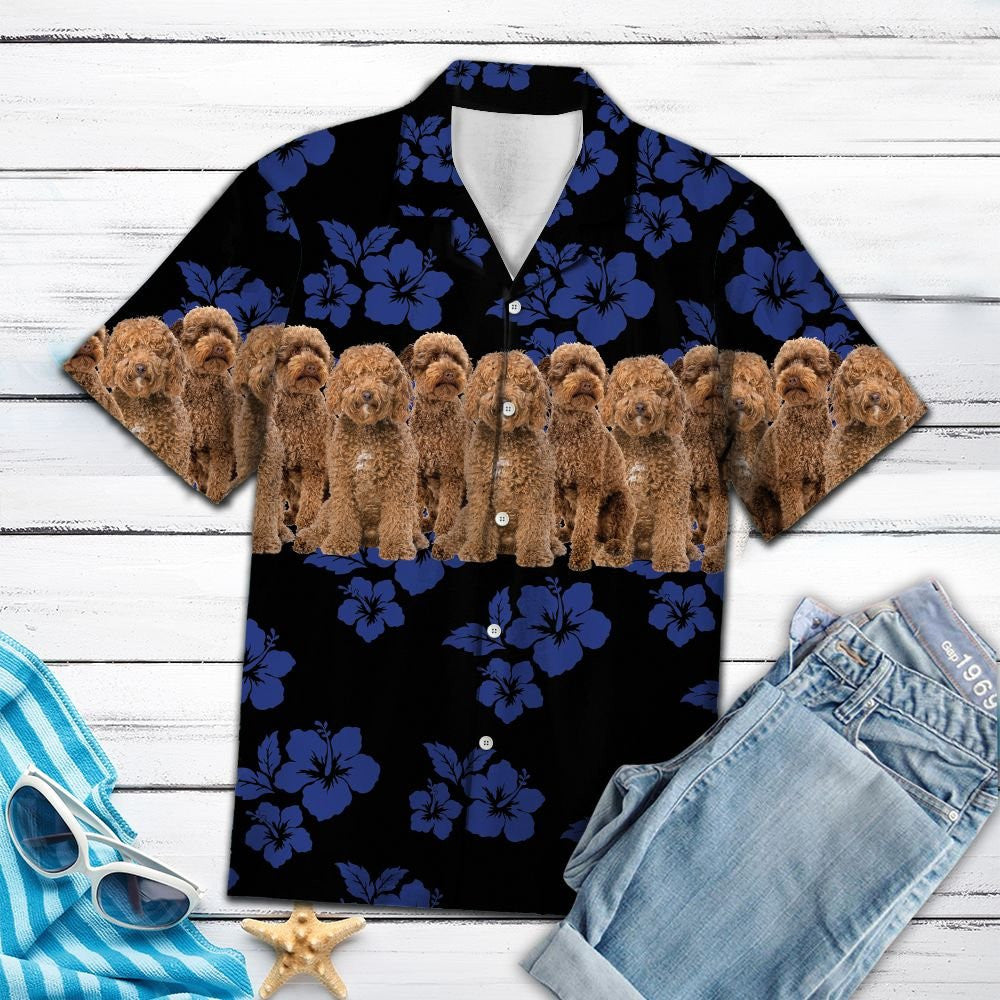 Labradoodle With Blue Hibiscus In Black Design Hawaiian Shirt, Hawaiian Shirt Gift, Christmas Gift