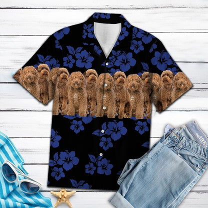 Labradoodle With Blue Hibiscus In Black Design Hawaiian Shirt, Hawaiian Shirt Gift, Christmas Gift