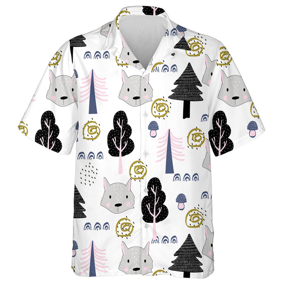 Cartoon Autumn Forest With Wolf Head Hawaiian Shirt, Hawaiian For Gift