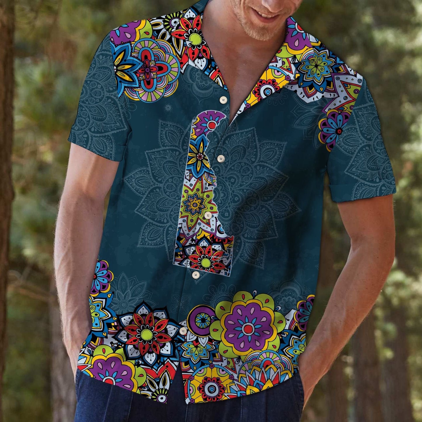 Map Of Delaware Mandala Patchwork Blue Pattern Hawaiian Shirt, Hawaiian Shirt Gift, Christmas Gift