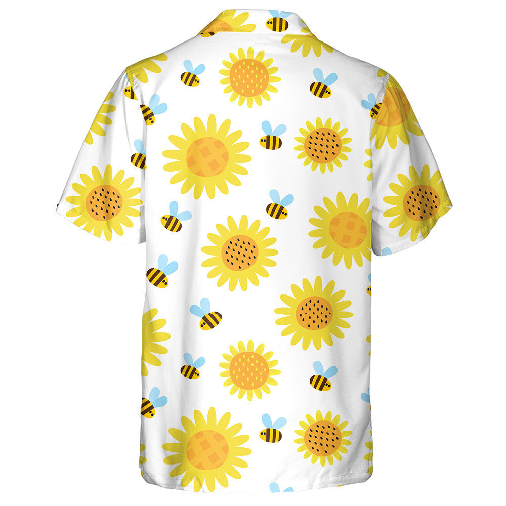 Bees Flying Cartoon With Plaid Sunflower Illustration Hawaiian Shirt, Hawaiian Shirt Gift, Christmas Gift