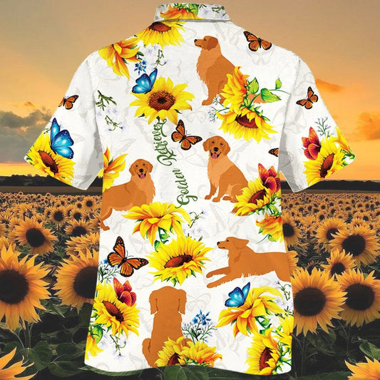 Madra Golden Retriever Ag Imirt Le Bláth na Gréine Agus Léine Féileacán Haváí, Bronntanas Léine Haváís, Bronntanas Nollag