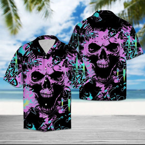 Purple And Teal Edm Skull Design Hawaiian Shirt,Hawaiian Shirt Gift, Christmas Gift