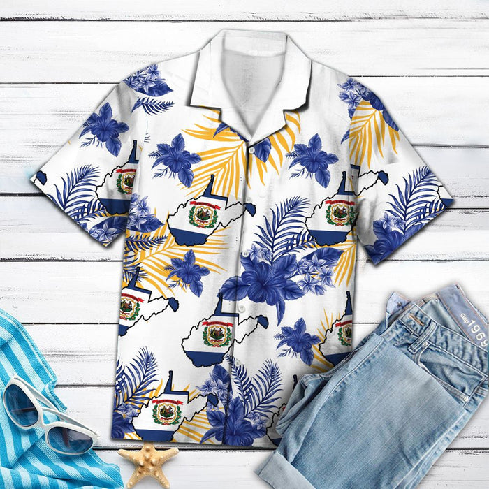 West Virginia Proud Blue Flower And Leaves Pattern Hawaiian Shirt, Hawaiian Shirt Gift, Christmas Gift