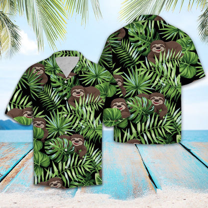 Sloth Álainn Le Duilleoga Glasa Trópaiceacha I Léine Dubh Haváís, Bronntanas Léine Haváíais, Bronntanas Nollag