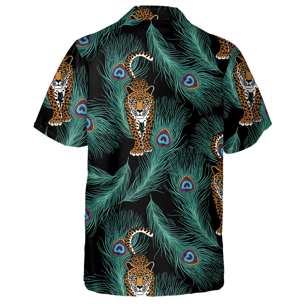 Leopard And Peacock Feather Black Background Hawaiian Shirt, Hawaiian For Gift