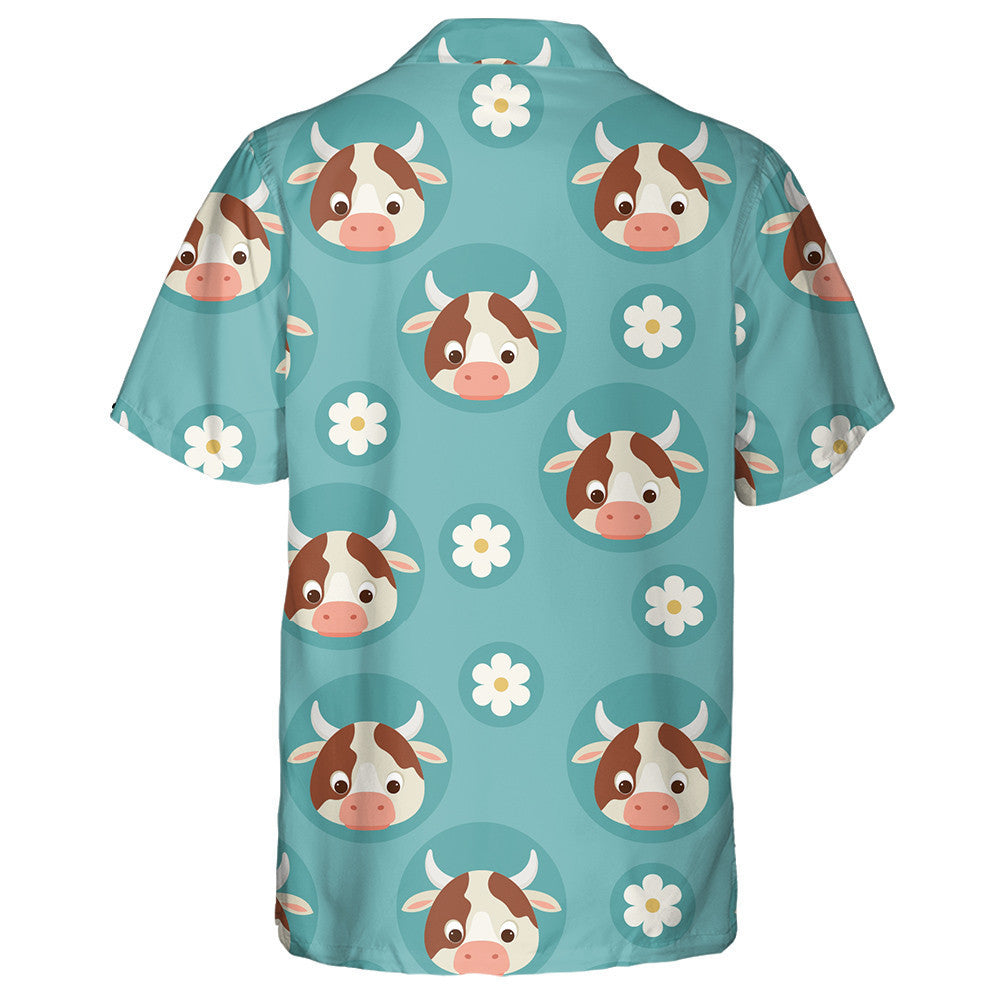 Cartoon Cows And Flowers On Blue Hawaiian Shirt, Hawaiian For Gift