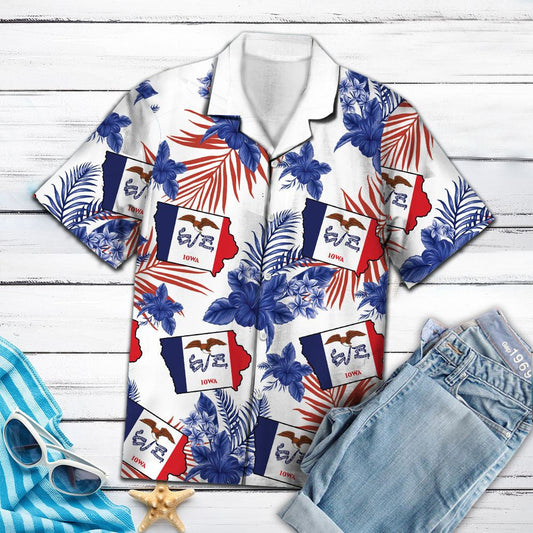 Bratach Iowa le Hibiscus Gorm Agus Duilleoga Trópaiceacha Léine Haváís, Bronntanas Léine Haváís, Bronntanas Nollag