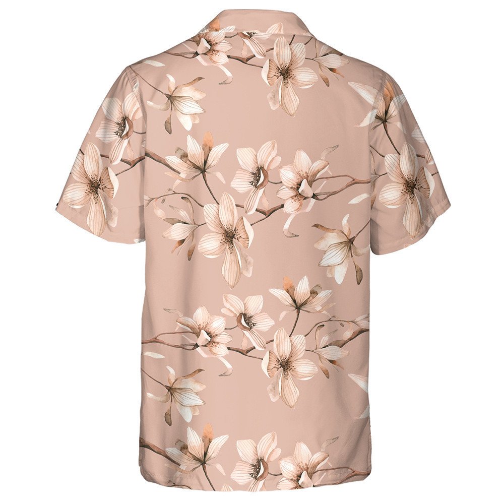 Watercolor Magnolies Flowers Branches On Coral Design Hawaiian Shirt, Hawaiian Shirt Gift, Christmas Gift