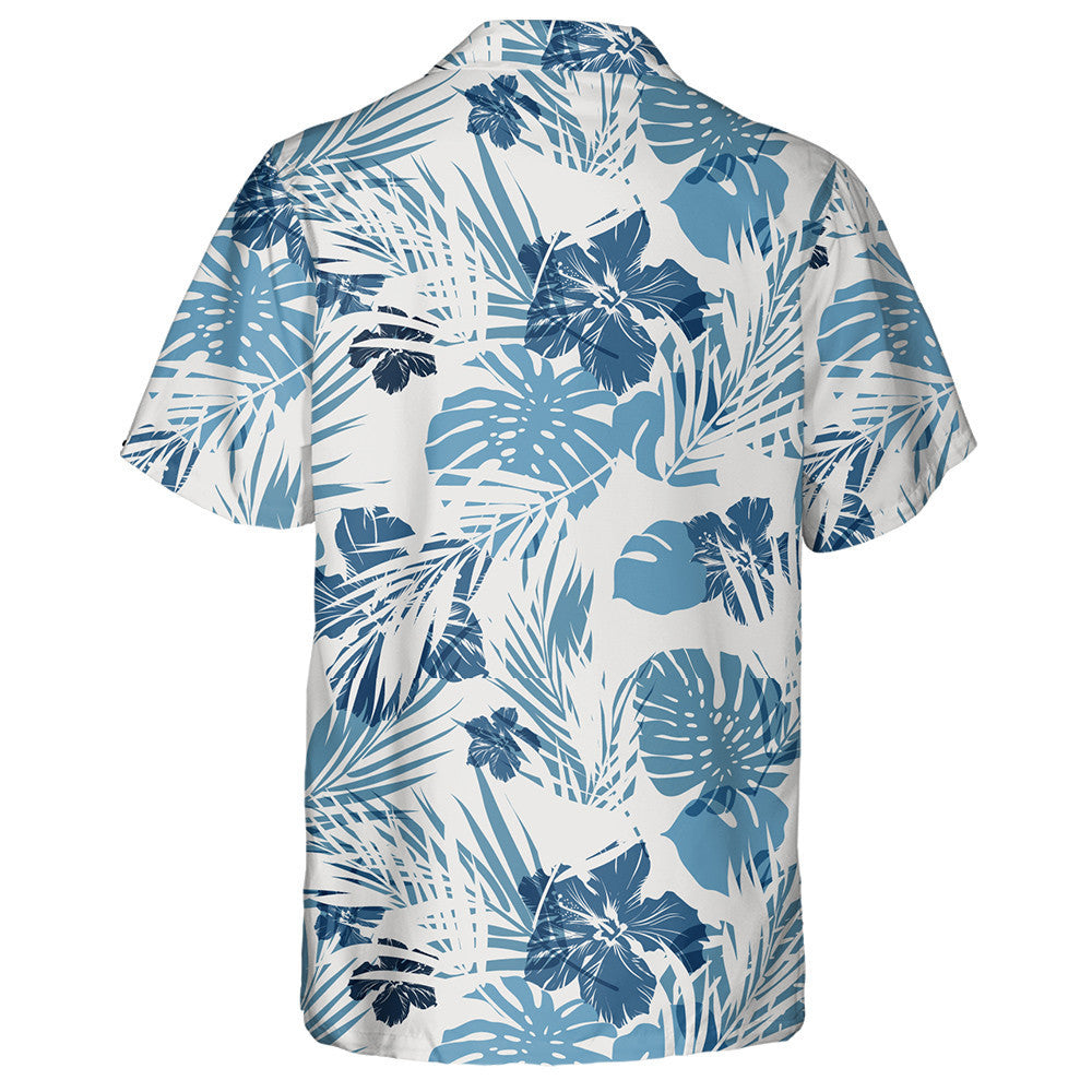 Hawaiian Tropical Palm Leaves Hibicus Camo In Blue Pattern Hawaiian Shirt, Hawaiian For Gift