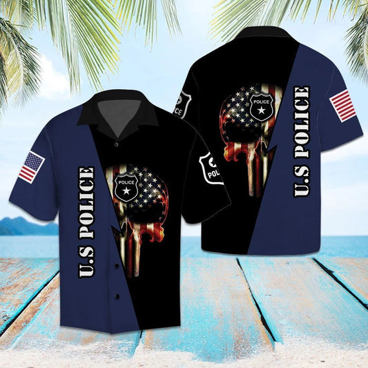 Us Police With Punisher American Flag Hawaiian Shirt, Hwaiian For Gift