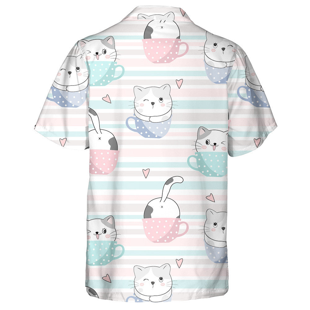 Cute Cats In Cups Cartoon Animals Background Hawaiian Shirt, Hawaiian Shirt Gift, Christmas Gift