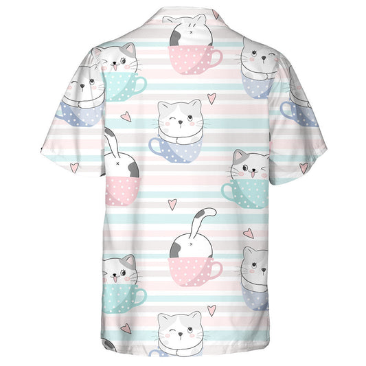 Cute Cats In Cups Cartoon Animals Background Hawaiian Shirt, Hawaiian Shirt Gift, Christmas Gift