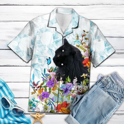 Black Cat Flower Hawaiian Shirt,Hawaiian Shirt Gift, Christmas Gift