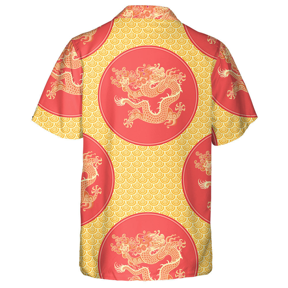 Chinese Gold Dragon On Red Circled Hawaiian Shirt, Hawaiian For Gift