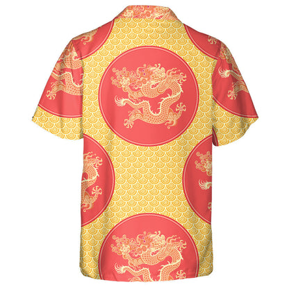 Chinese Gold Dragon On Red Circled Hawaiian Shirt, Hawaiian For Gift