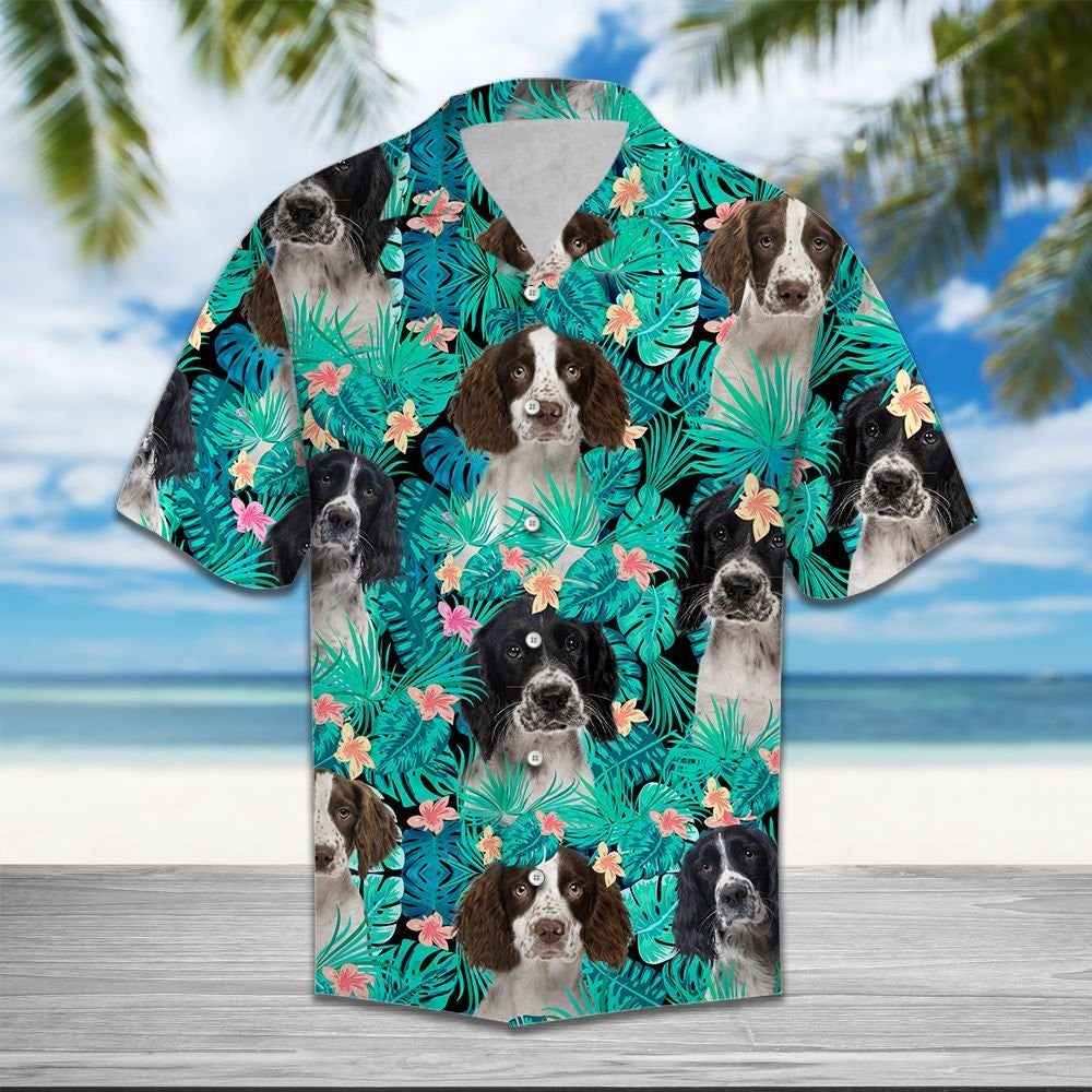 English Springer Spaniel Tropical Mix Light Blue Leaves Hawaiian Shirt, Hawaiian Shirt Gift, Christmas Gift
