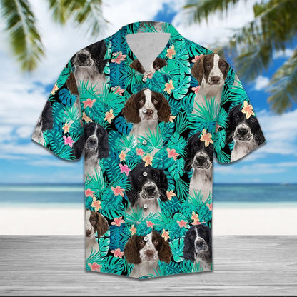 English Springer Spaniel Tropical Mix Light Blue Leaves Hawaiian Shirt, Hawaiian Shirt Gift, Christmas Gift