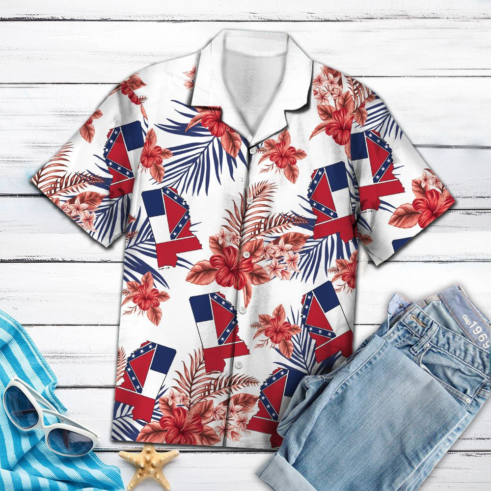 Mississippi Map With Hibiscus In White Hawaiian Shirt,Hawaiian Shirt Gift, Christmas Gift
