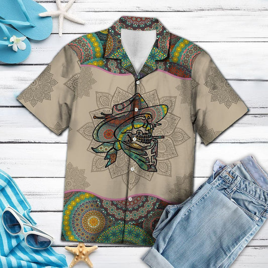 Cowboy Skull Mandala Flowers Background Hawaiian Shirt,Hawaiian Shirt Gift, Christmas Gift