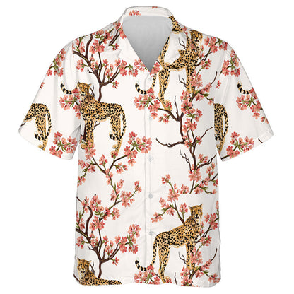 Tropical Vintage Botanical Sakura Tree And Leopard Hawaiian Shirt, Hawaiian Shirt Gift, Christmas Gift