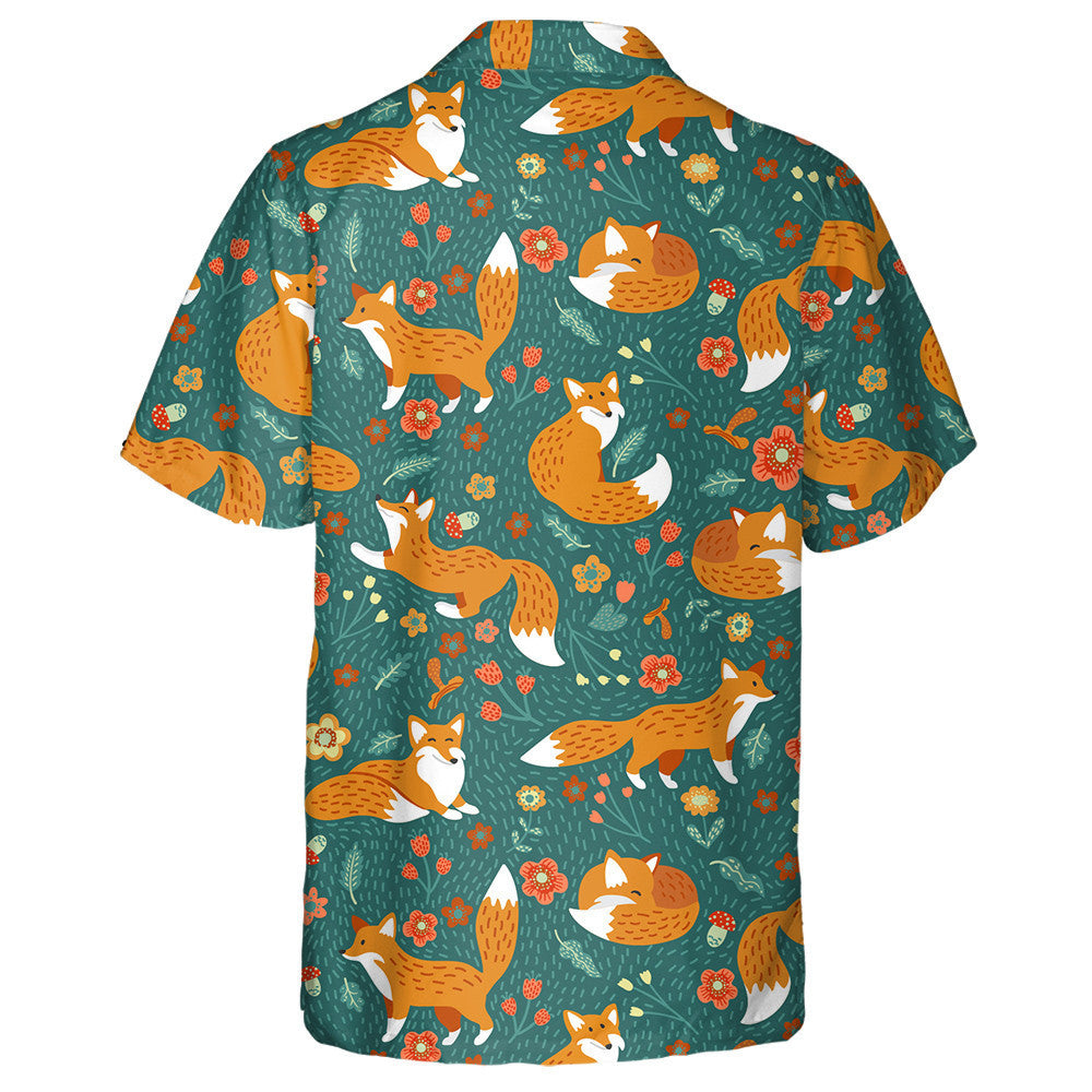 Pattern Of Foxes Flowers Mushrooms On Dark Turquoise Background Hawaiian Shirt, Hawaiian Shirt Gift, Christmas Gift