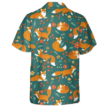 Pattern Of Foxes Flowers Mushrooms On Dark Turquoise Background Hawaiian Shirt, Hawaiian Shirt Gift, Christmas Gift