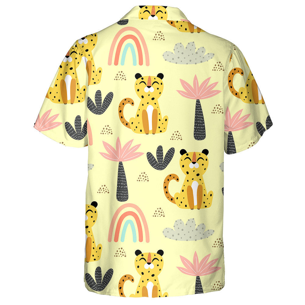 Wild Animals Leopard With Cartoon Rainbows Hawaiian Shirt, Hwaiian For Gift