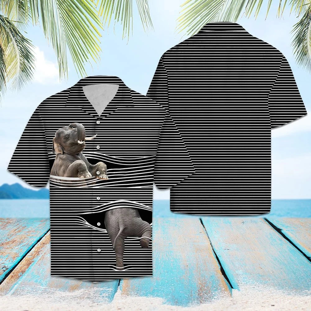 Baby Elephant With Black White Lines Hawaiian Shirt, Hawaiian For Gift