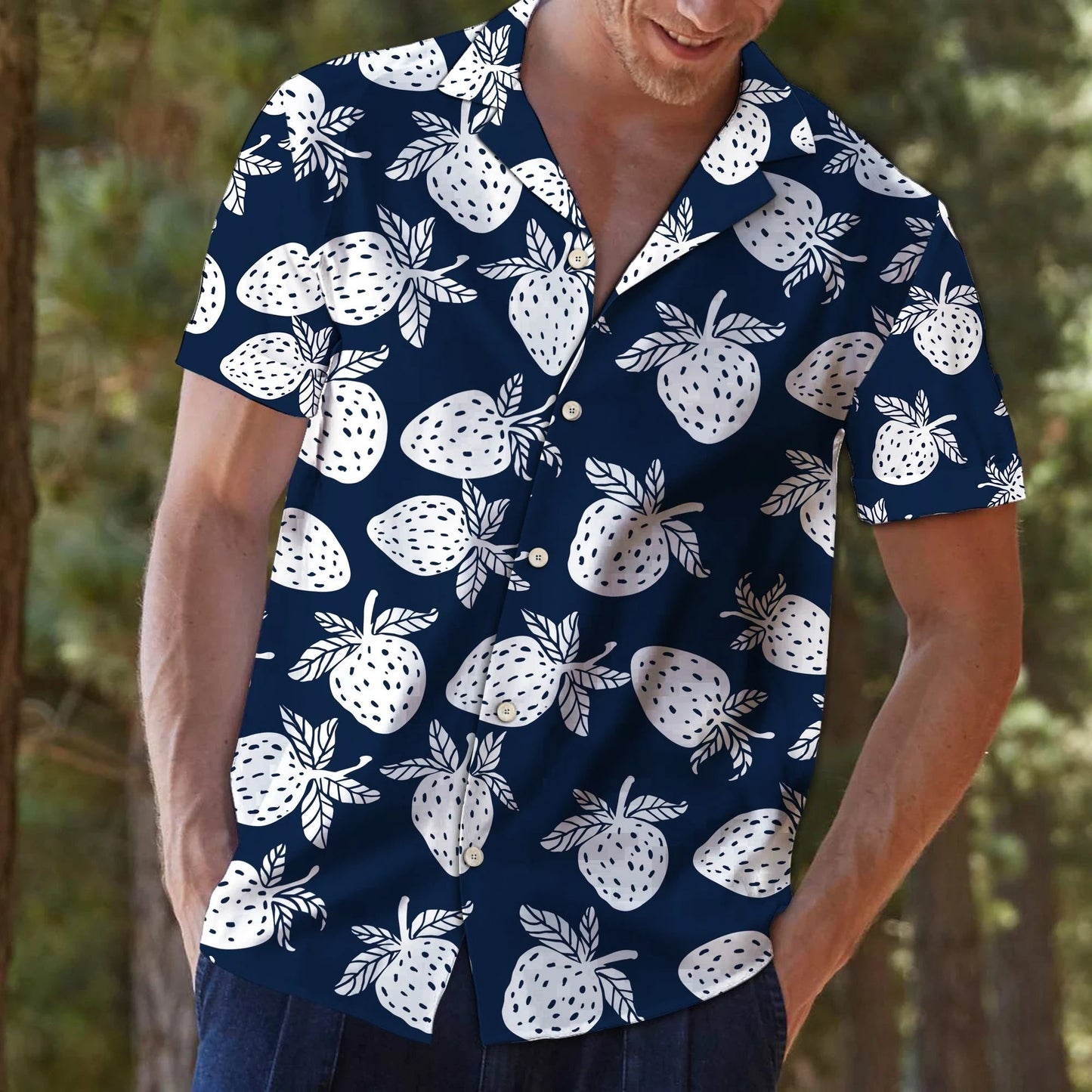 Drawing White And Navy Strawberry Tropical Hawaiian Shirt,Hawaiian Shirt Gift, Christmas Gift