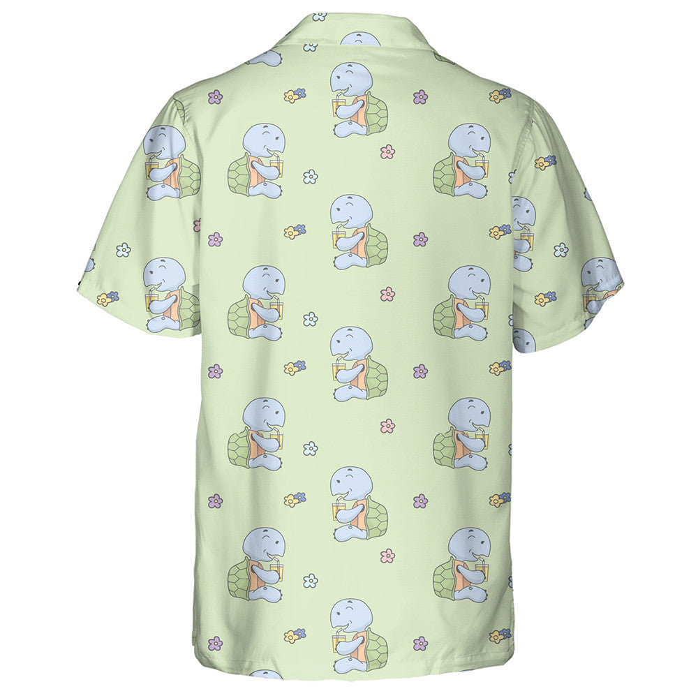 Kawaii Turtle Drink And Flower On Green Hawaiian Shirt, Hawaiian Shirt Gift, Christmas Gift