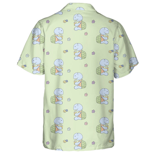 Kawaii Turtle Drink And Flower On Green Hawaiian Shirt, Hawaiian Shirt Gift, Christmas Gift