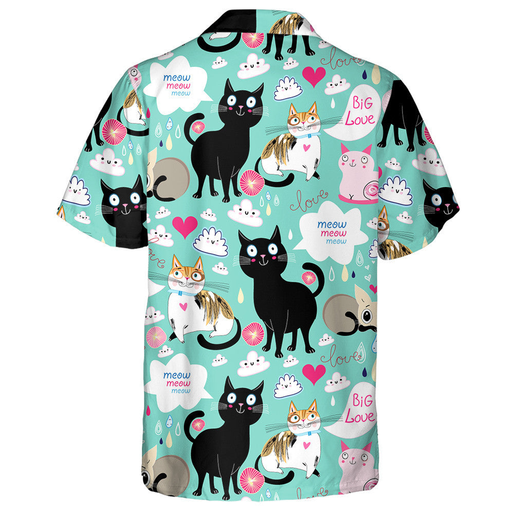 Cartoon Lovers Cats On Green Background Hawaiian Shirt, Hawaiian For Gift