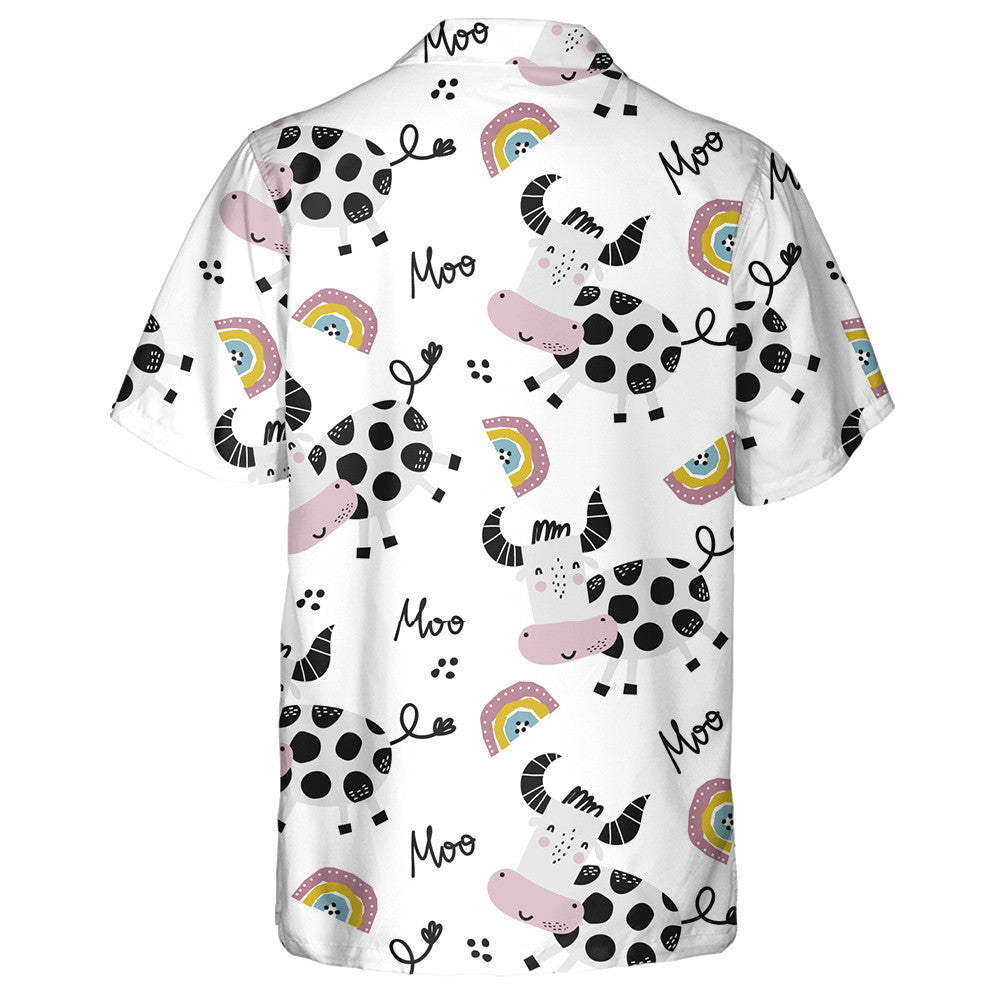 Cartoon Cow And Rainbows On White Hawaiian Shirt, Hawaiian For Gift