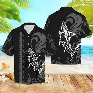 Black And White Maori Tribal Shark Pattern Hawaiian Shirt, Hawaiian Shirt Gift, Christmas Gift