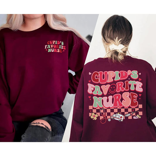 2sides Cupid's Favorite Nurse T-Shirt, Lovely Funny Nurse Group Sweatshirt, Valentine Day Long Sleeve, NICU couple nurse Hoodie Gift for Nurses