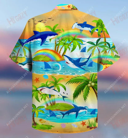 Bright Rainbow And Sharks Short Hawaiian Shirt Hobbies Tropical Shirts Tactical Hawaiian Shirt Crazy Shirts Hawaii,Hawaiian Shirt Gift, Christmas Gift
