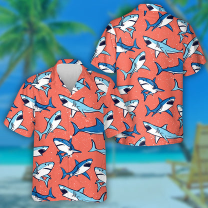 Sketch Pattern Of Blue Shark On Orange Background Design Hawaiian Shirt, Hawaiian Shirt Gift, Christmas Gift