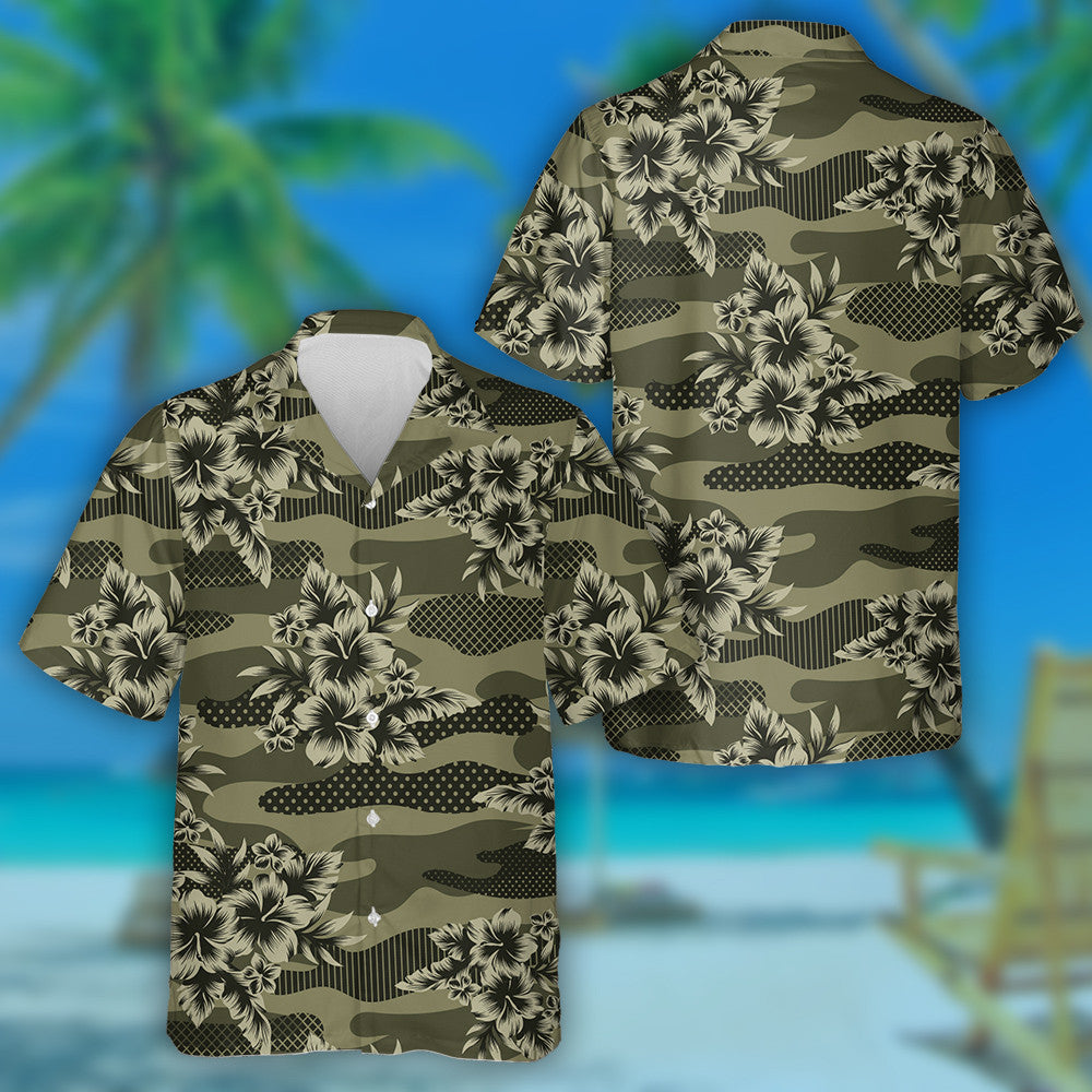 Dark Green Tropical Jungle Flower Camouflage Pattern Hawaiian Shirt, Hawaiian Shirt Gift, Christmas Gift