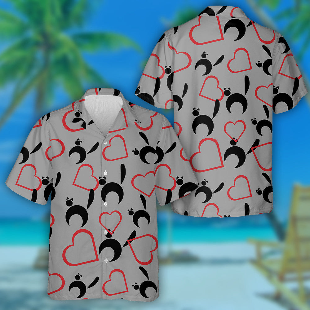 Black Cats In Moon Style And Hearts Hawaiian Shirt, Hawaiian Shirt Gift, Christmas Gift