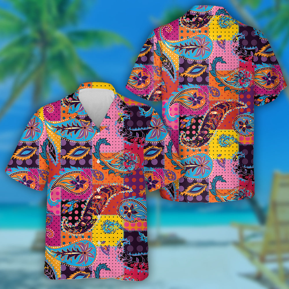 Decorative Elements Paisley Pattern Colorful Squares Background Hawaiian Shirt, Hawaiian Shirt Gift, Christmas Gift